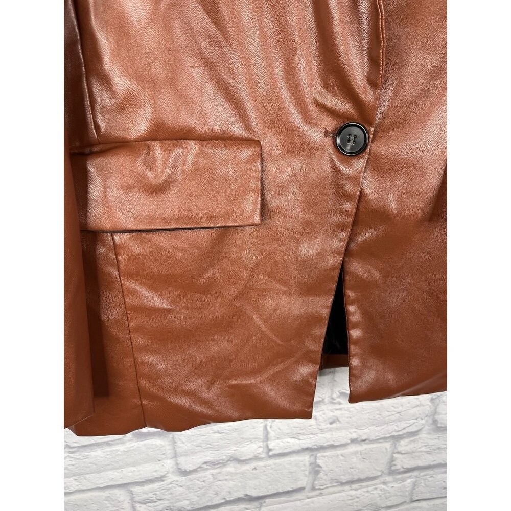 PRINCESS POLLY Women's Brown Faux Leather Notch Neck Open Blazer S/M - Picture 2 of 5